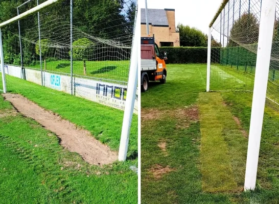 De sleuf in het voetbalveld is hersteld De sleuf in het voetbalveld is hersteld