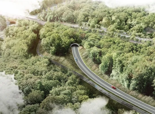Toekomstbeeld van de herinrichting van knooppunt Groenendaal – zicht op de Terhulpsesteenweg en fietssnelweg F205. Toekomstbeeld van de herinrichting van knooppunt Groenendaal – zicht op de Terhulpsesteenweg en fietssnelweg F205.