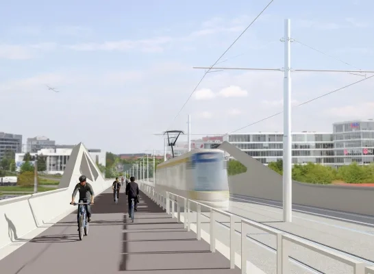 Simulatie van het tram- en fietsviaduct in Machelen Simulatie van het tram- en fietsviaduct in Machelen