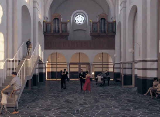 Simulatiebeeld van de toekomstige Paterskerk als multifunctionele ontmoetingsplek