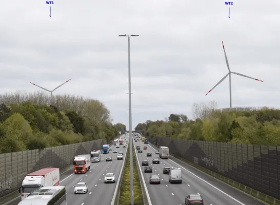 Simulatiebeeld E40 met twee windturbines