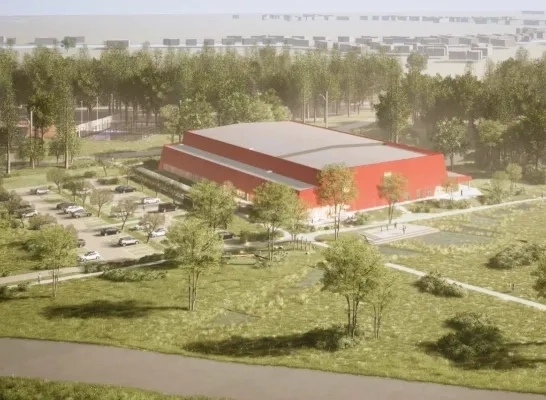 Een simulatiebeeld van de nieuwe sport- en jeugdsite op de Vetweyde in Opwijk