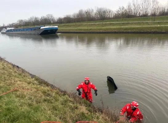 De duikers halen een auto uit het kanaal in Sint-Pieters-Leeuw