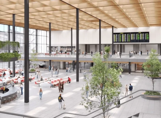 Toekomstbeeld van de vertrekhal op Brussels Airport