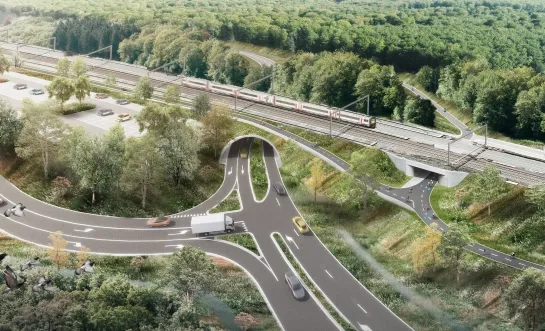 Toekomstbeeld van de herinrichting van het knooppunt Groenendaal – zicht op de nieuwe tunnel aan de Groenendaalsesteenweg en de fietstunnel aan de Fietssnelweg F205.