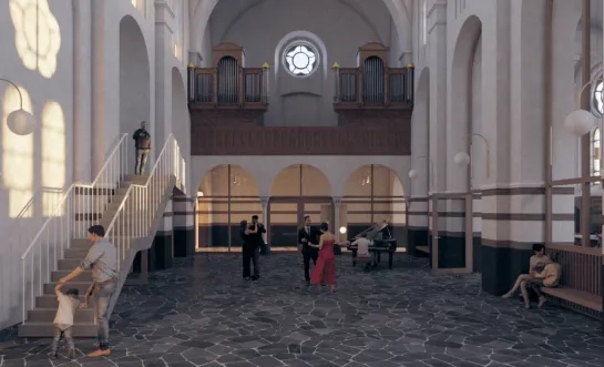 Simulatiebeeld van de toekomstige Paterskerk als multifunctionele ontmoetingsplek