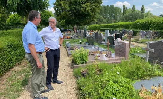 Koen Muyldermans en Wim Goossens op het kerkhof van Strijtem